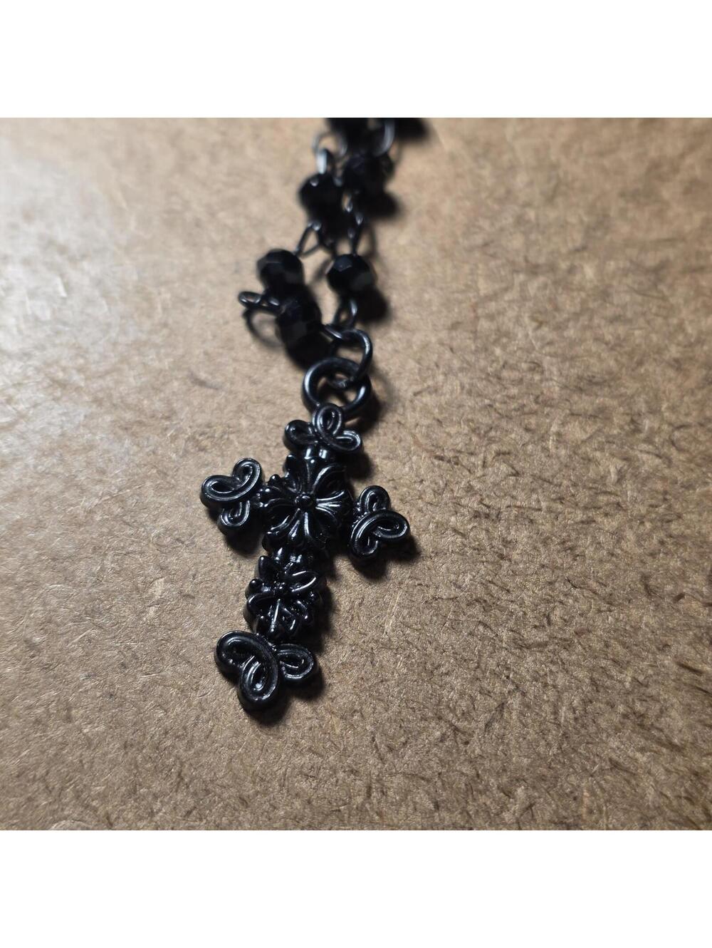 Black Cross Beaded Necklace Gothic Darkcore Grunge Alt Rosary Statement Jewelry